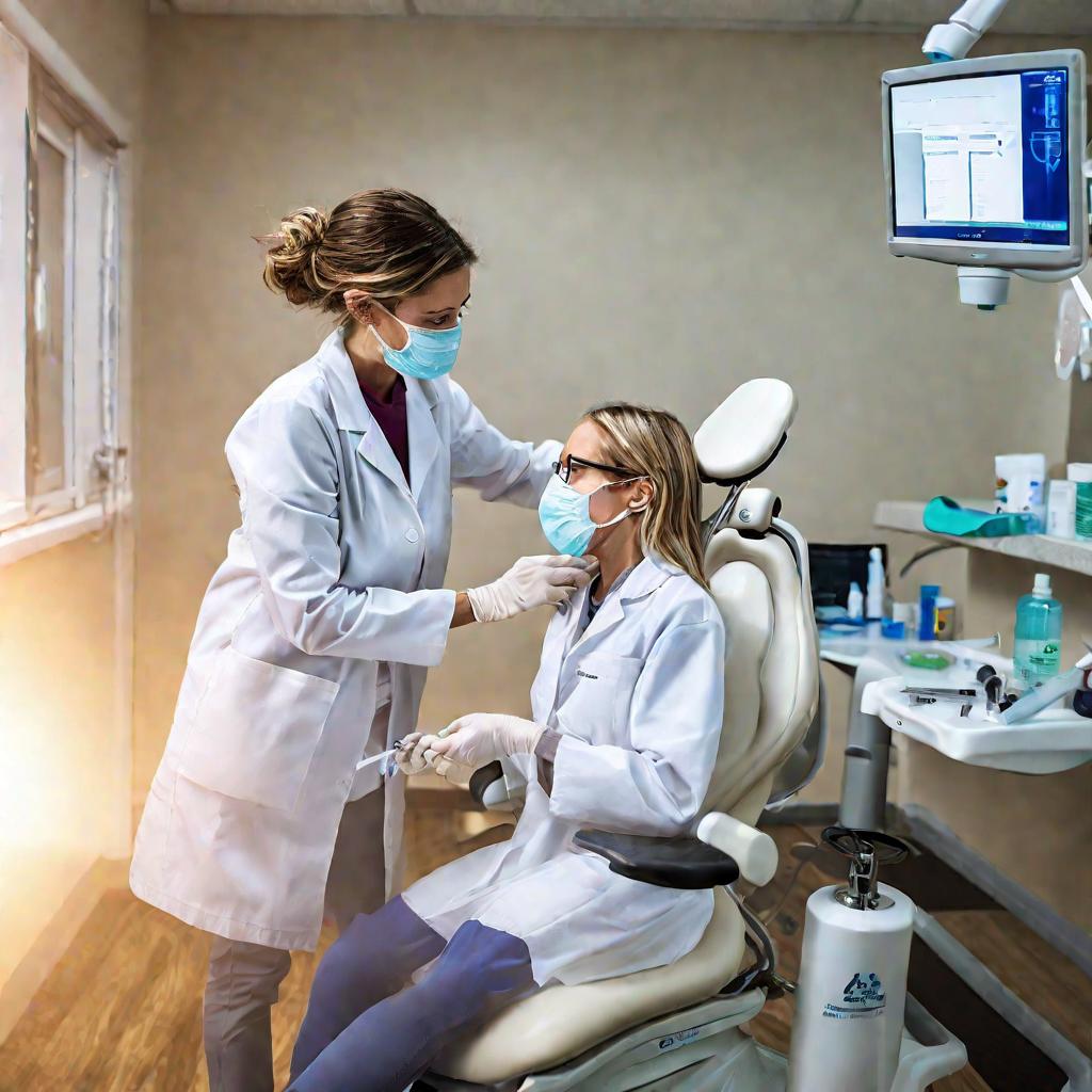 Стоматолог проводит процедуру серебрения зубов ребенку в кресле в своем кабинете