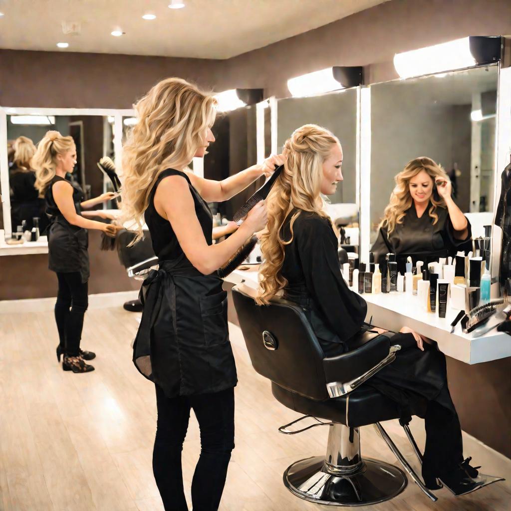 Женщина с длинными волнистыми светлыми волосами в кресле парикмахерской