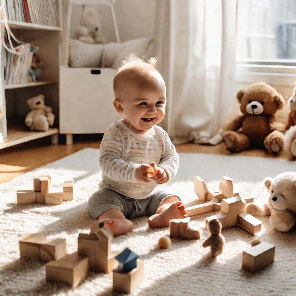 Малыш 9 месяцев сидит на ковре с игрушками