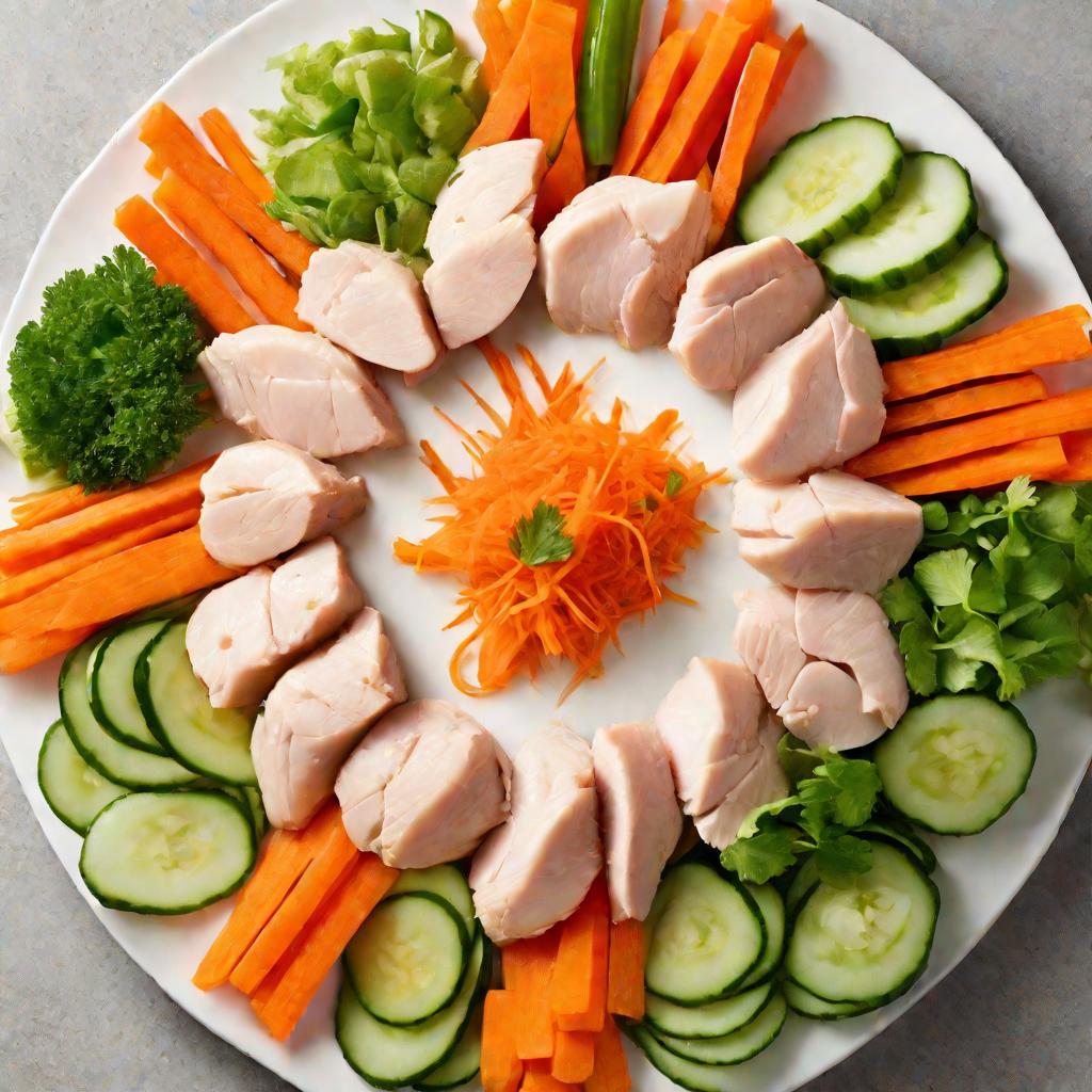 Ингредиенты салата аккуратно выложены концентрическими кругами на белой тарелке.