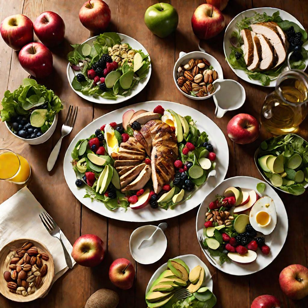 Широкий вид сверху на стол с разнообразной здоровой едой