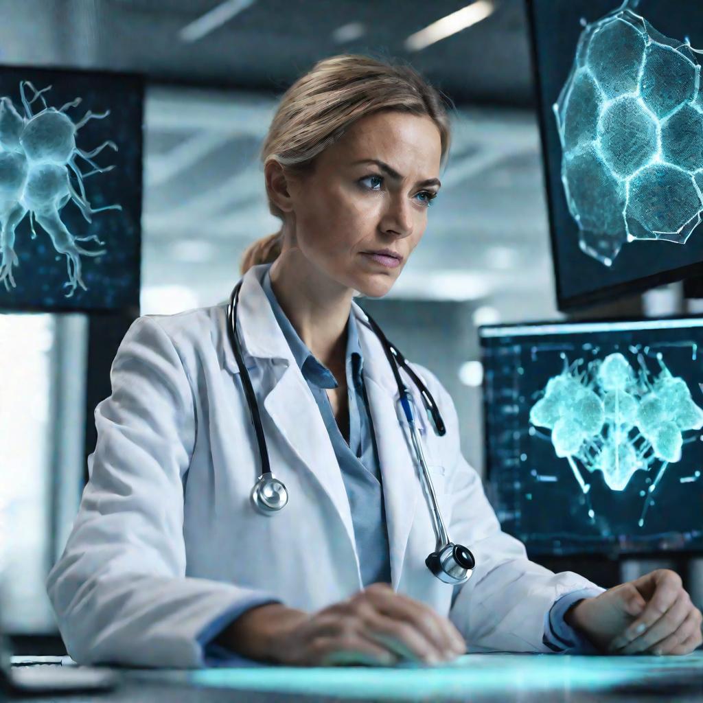 Женщина-врач работает с голографическим экраном