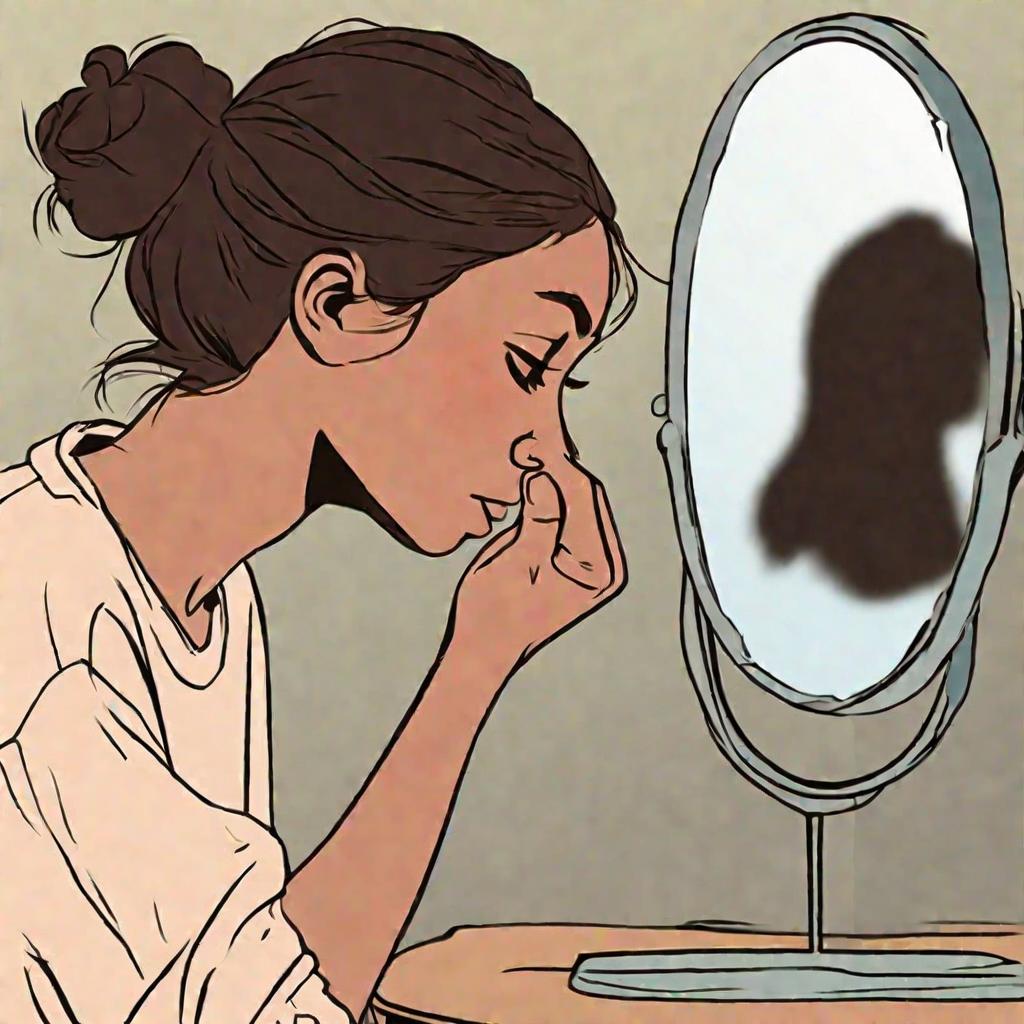 Девушка смотрит в зеркало на прыщ на виске.