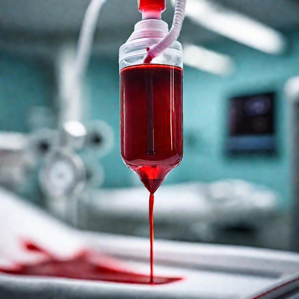 Пакет с кровью подключен к системе для переливания