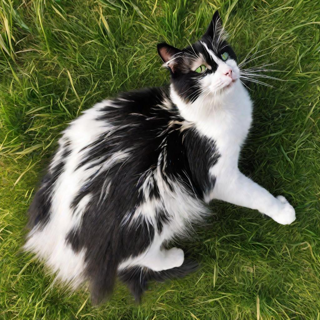 Черно-белый кот на траве чешется из-за сильной перхоти.