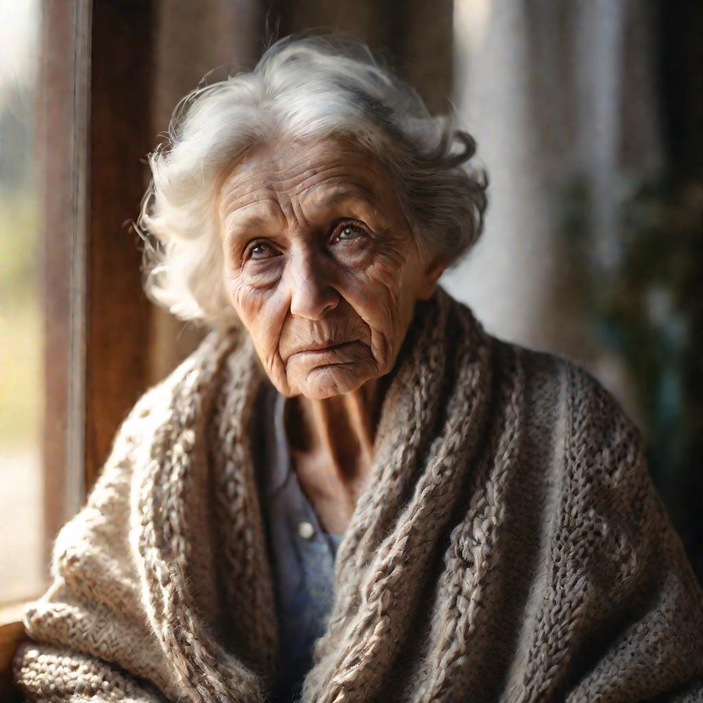 Портрет пожилой женщины, сидящей на скамейке у окна