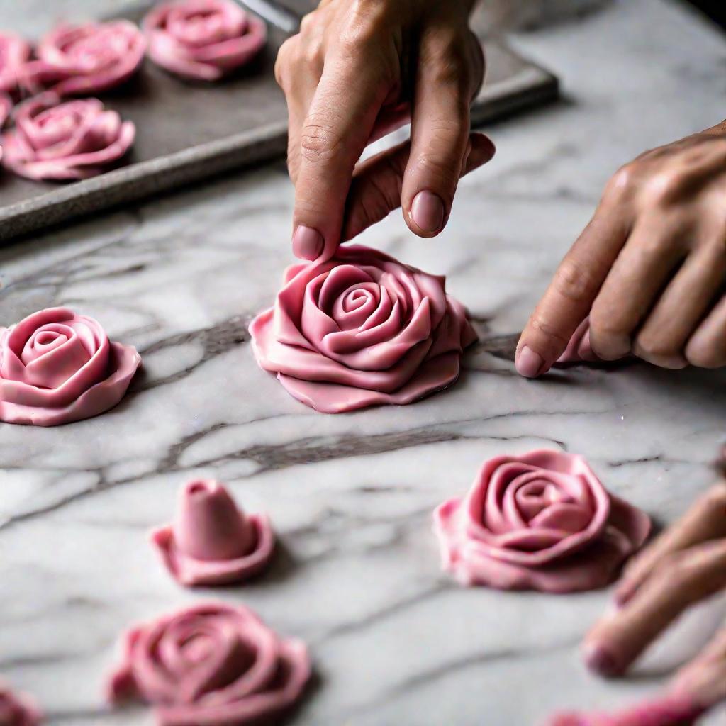 Руки кондитера лепят розу из розовой мастики на столешнице