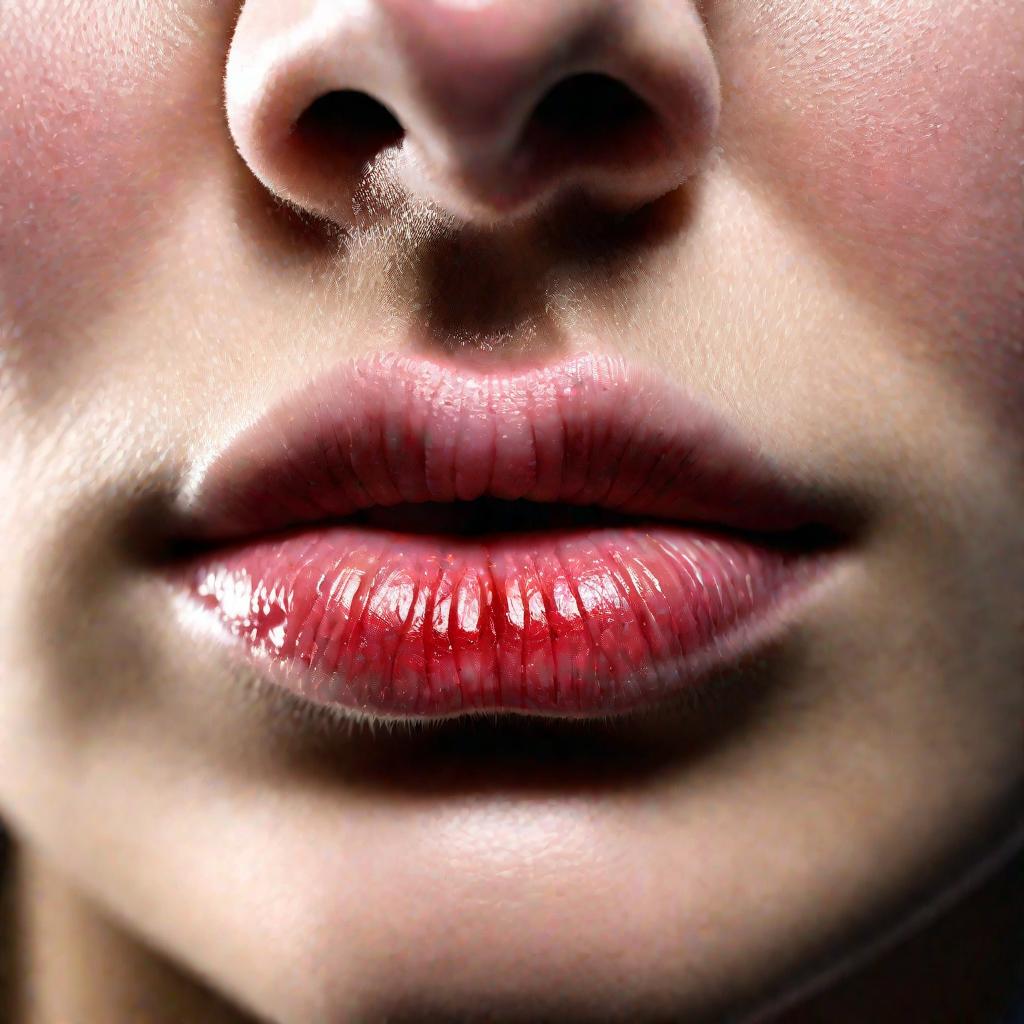 Крупный план губ женщины с болезненным прыщом на верхней губе