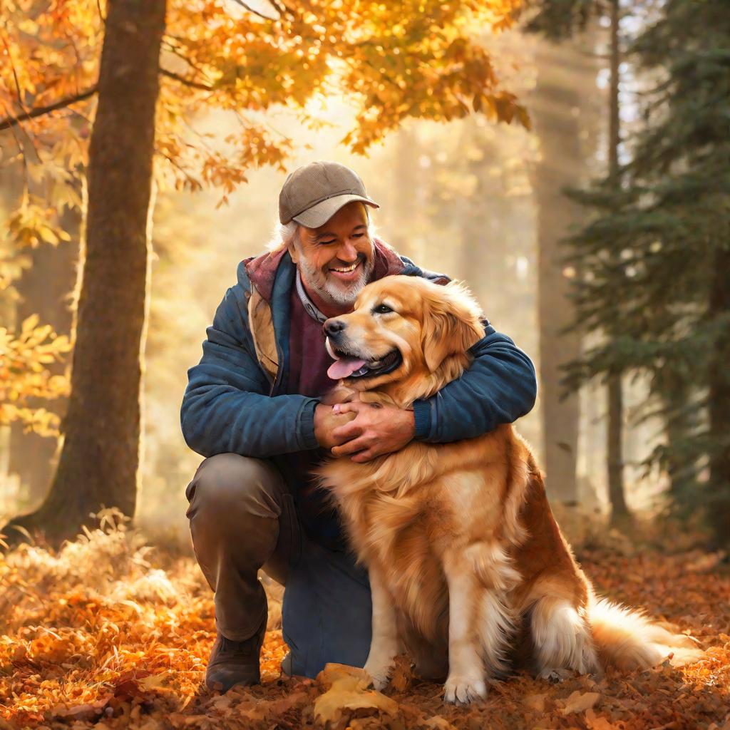 Человек обнимает собаку на фоне леса