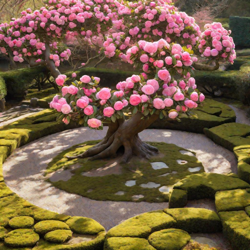 Вид сверху на цветущее дерево камелии в японском саду.