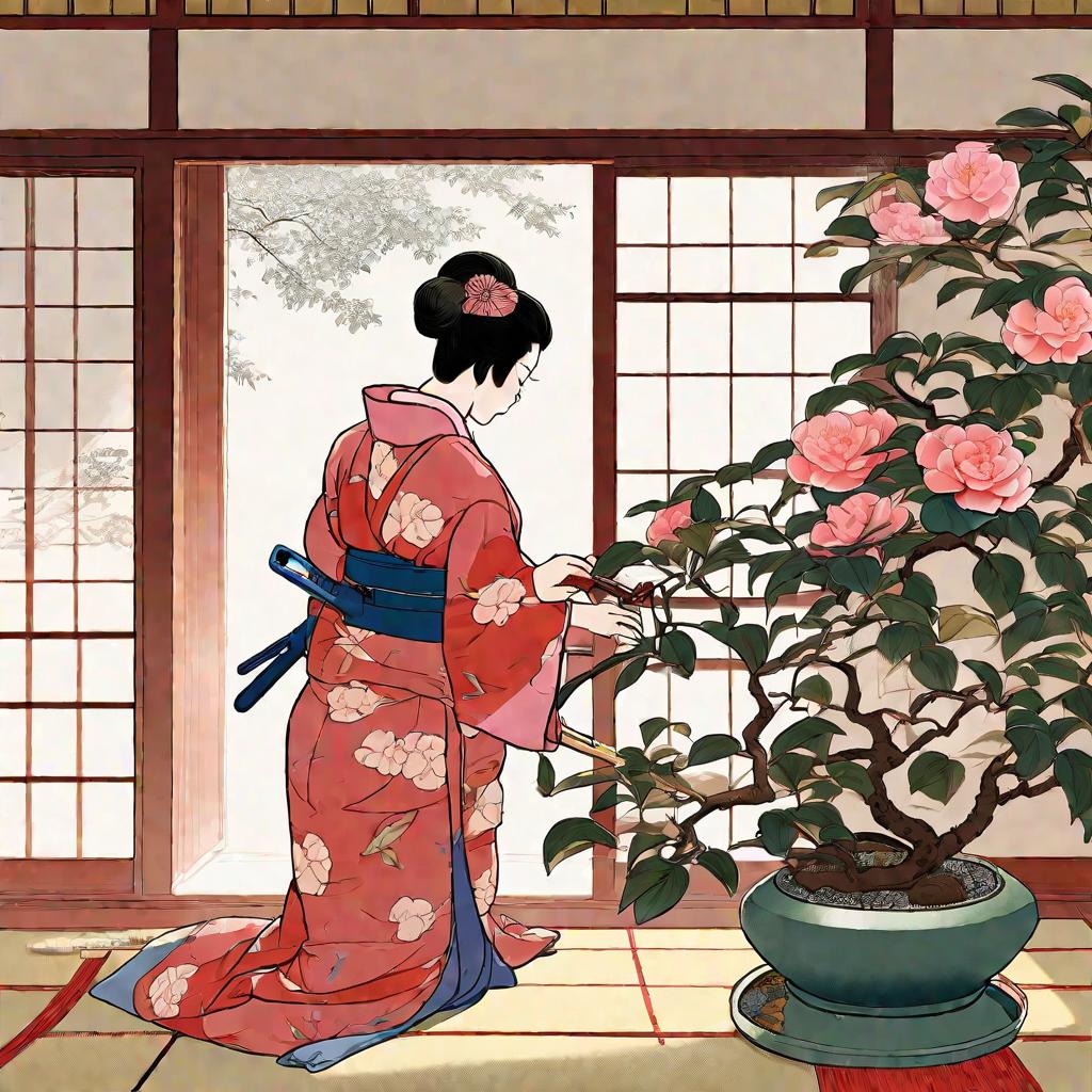 Женщина в кимоно ухаживает за камелией в японской комнате.