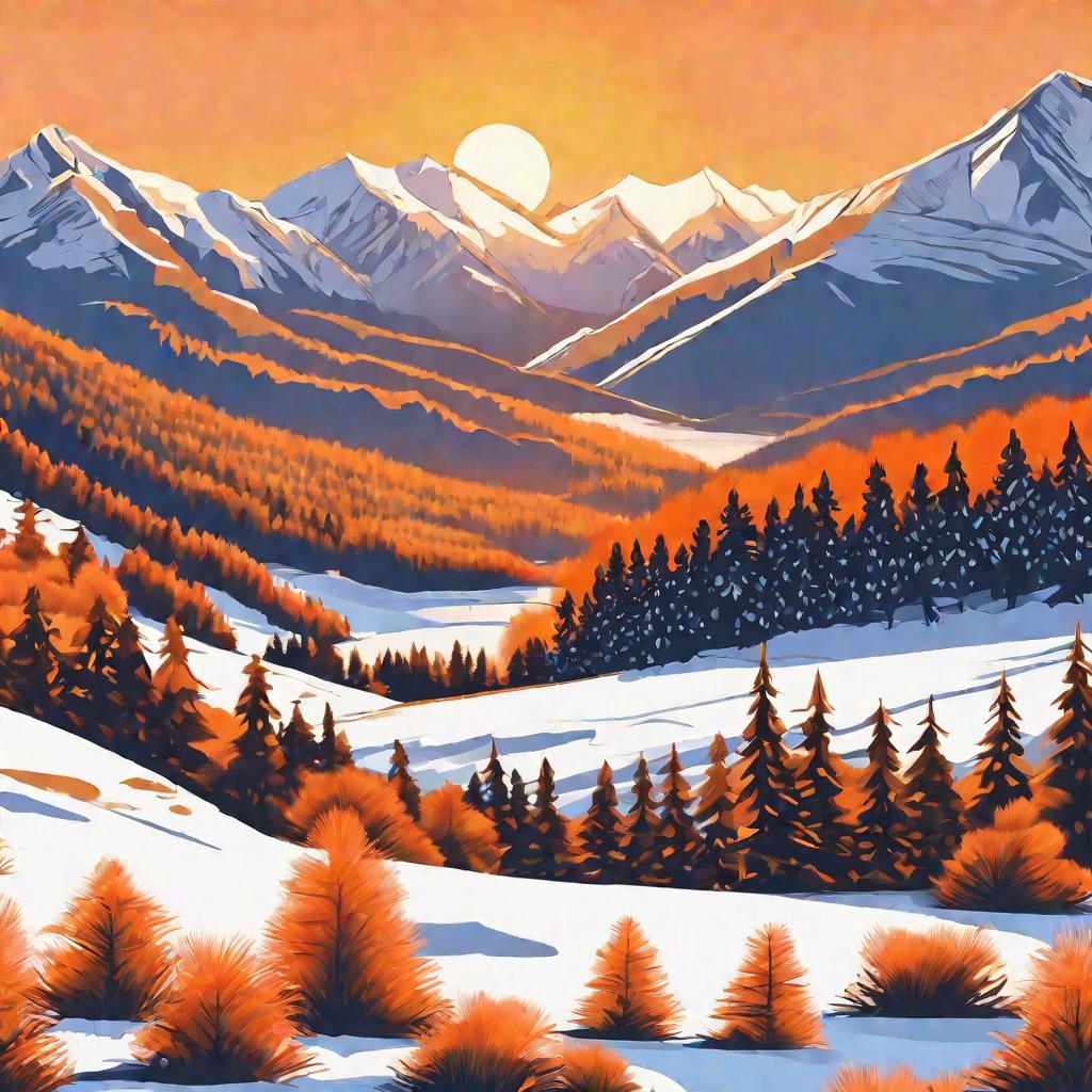 Широкий вид заснеженных гор в ясное зимнее утро. Солнце только встает за горами, окрашивая их в оранжевые тона. На склонах растут сосны.