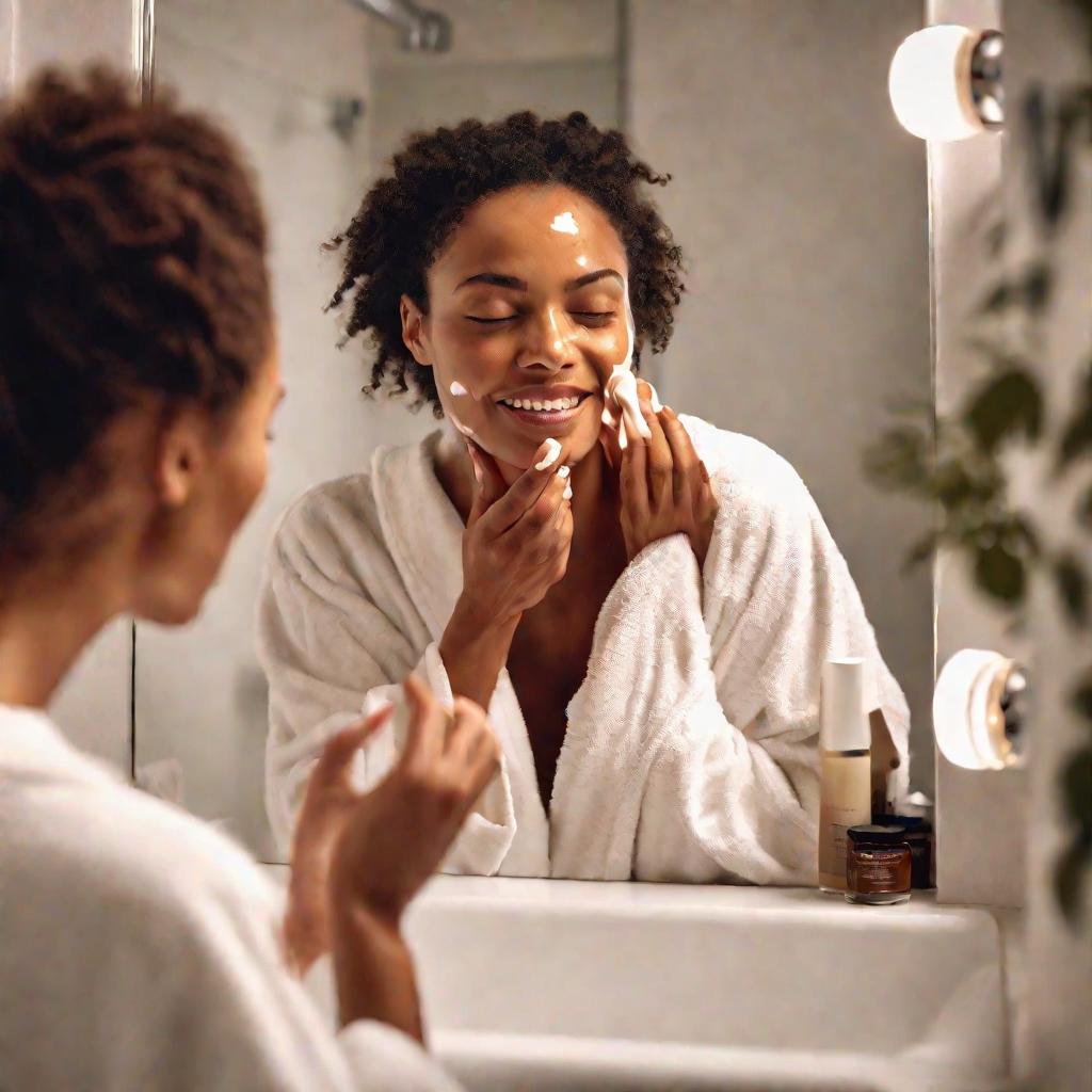 Женщина наносит крем на лицо перед зеркалом в ванной