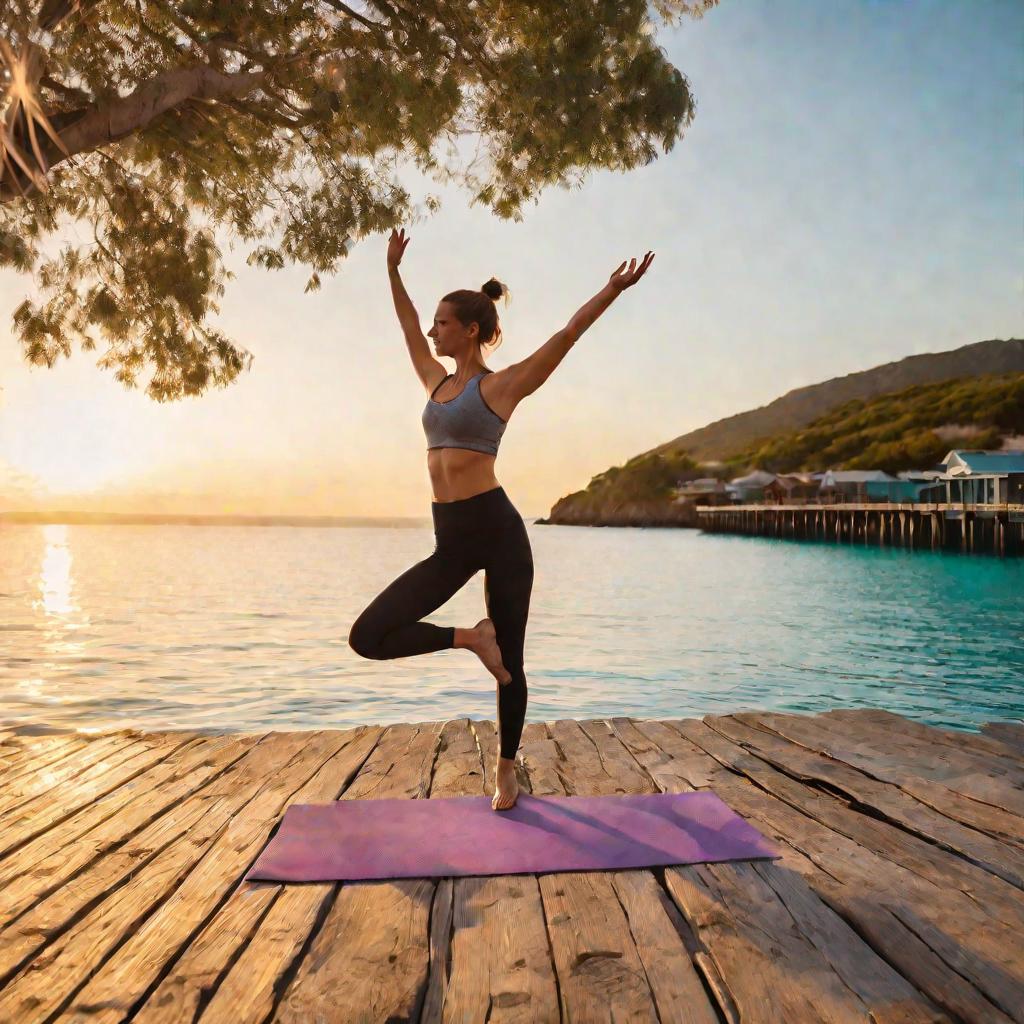 Девушка делает йогу на пирсе на фоне океана на закате