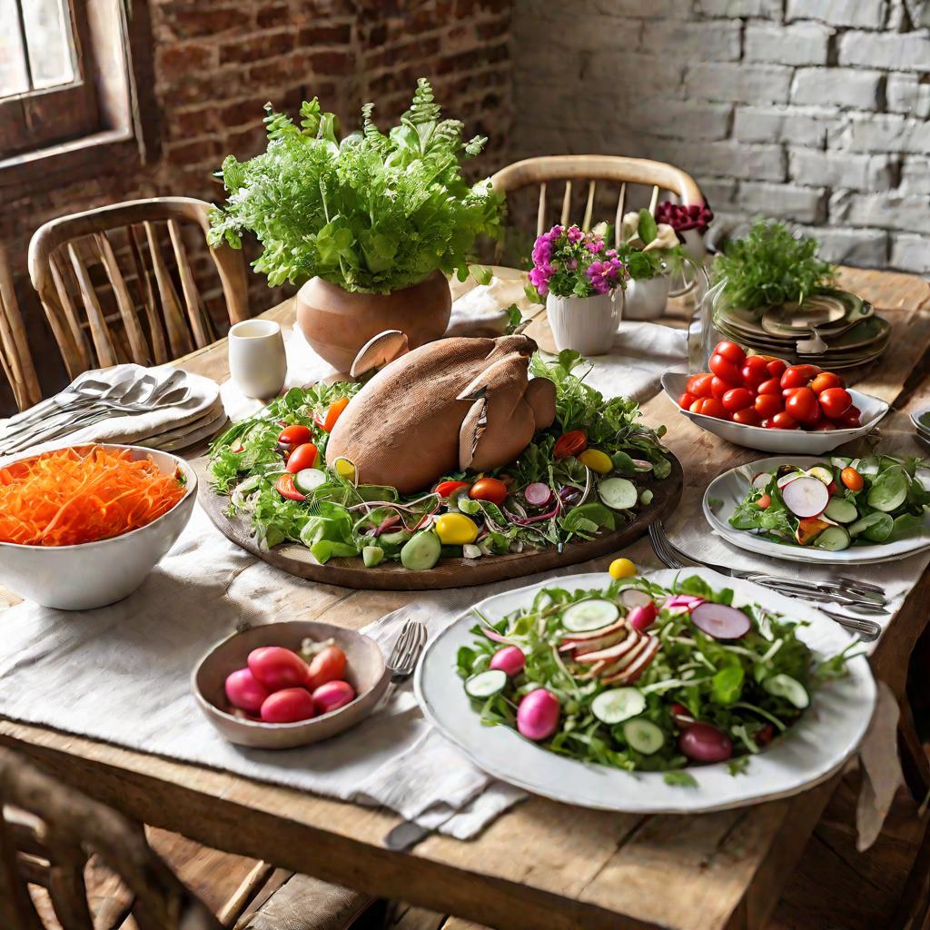 Красиво оформленный праздничный салат на Пасхальном столе.