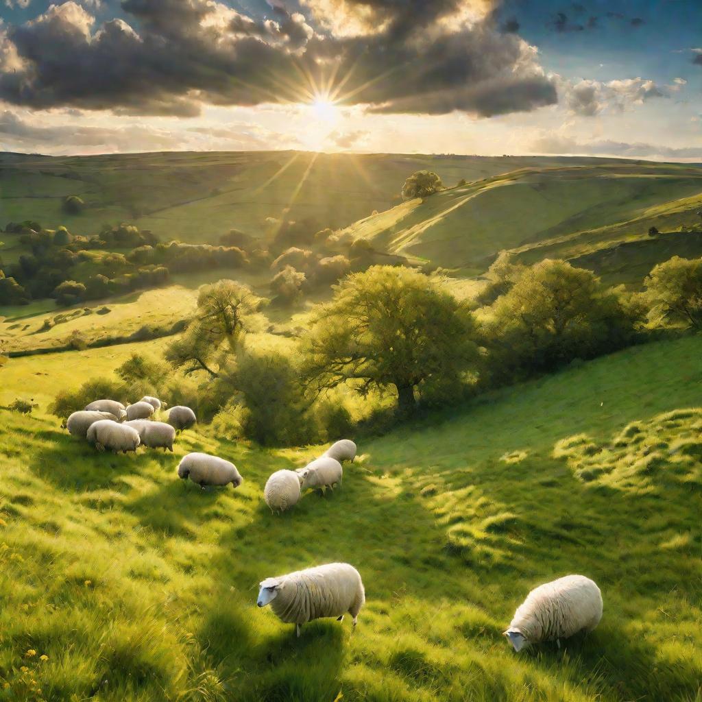 Летнее утро на зеленом лугу с овцами и дубом. Солнечные лучи сияют сквозь облака.