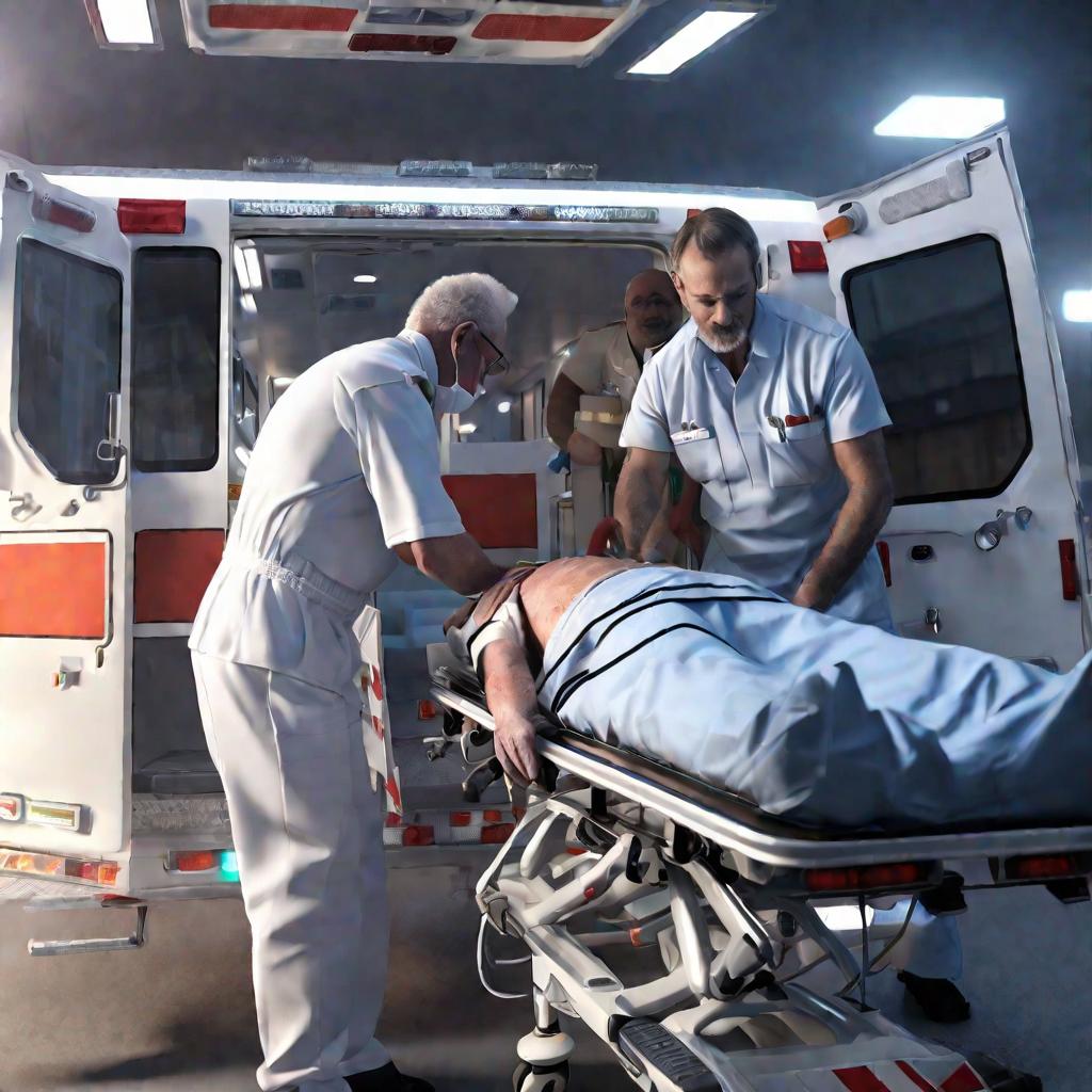 Парамедики оказывают помощь мужчине с тепловым ударом в машине скорой помощи