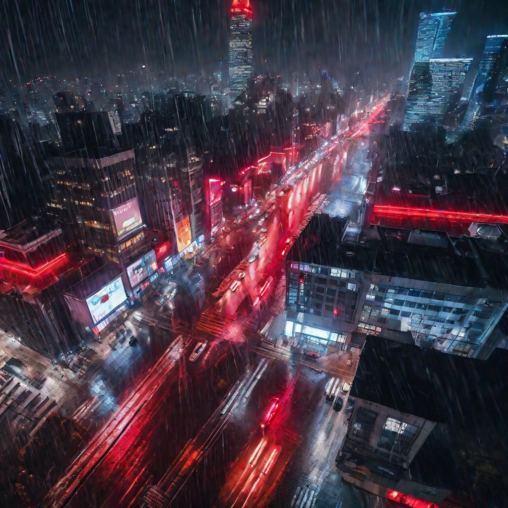 Ночной дождливый город с неоновыми огнями.