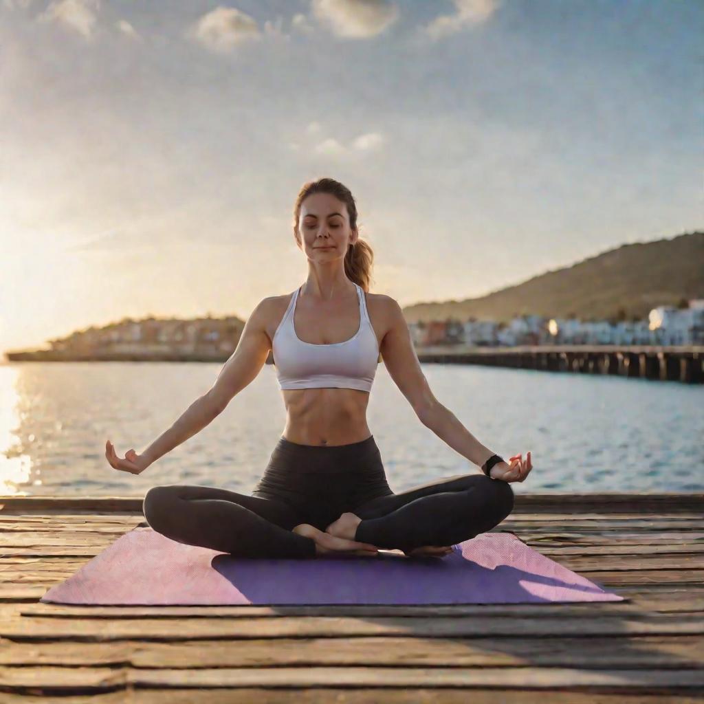 Женщина делает йогу на пирсе на восходе солнца