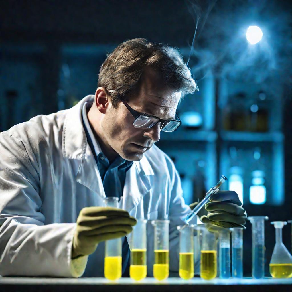 Ученый в лаборатории наблюдает реакцию с участием сульфида аммония