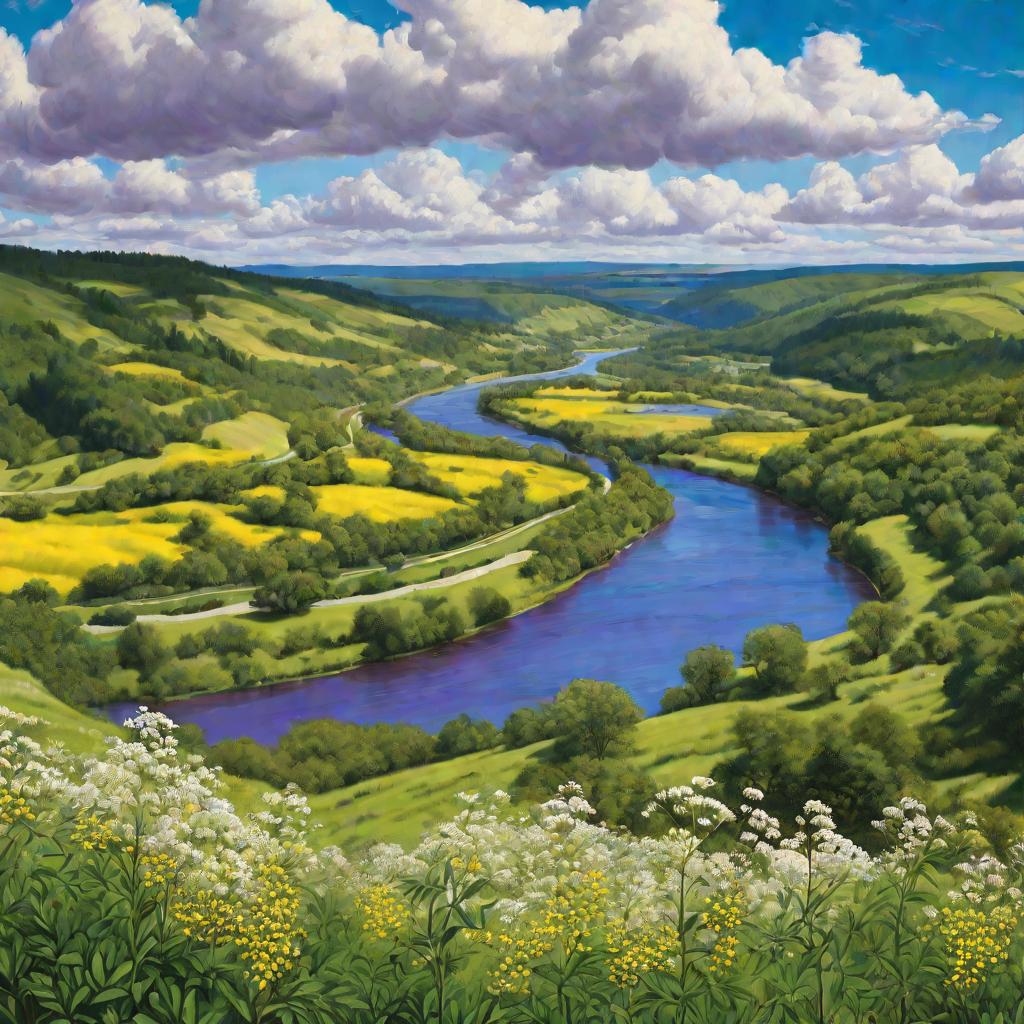 Извилистая река, текущая по долине, поросшей цветами. На берегу растет куст крушины со спелыми темно-фиолетовыми ягодами.