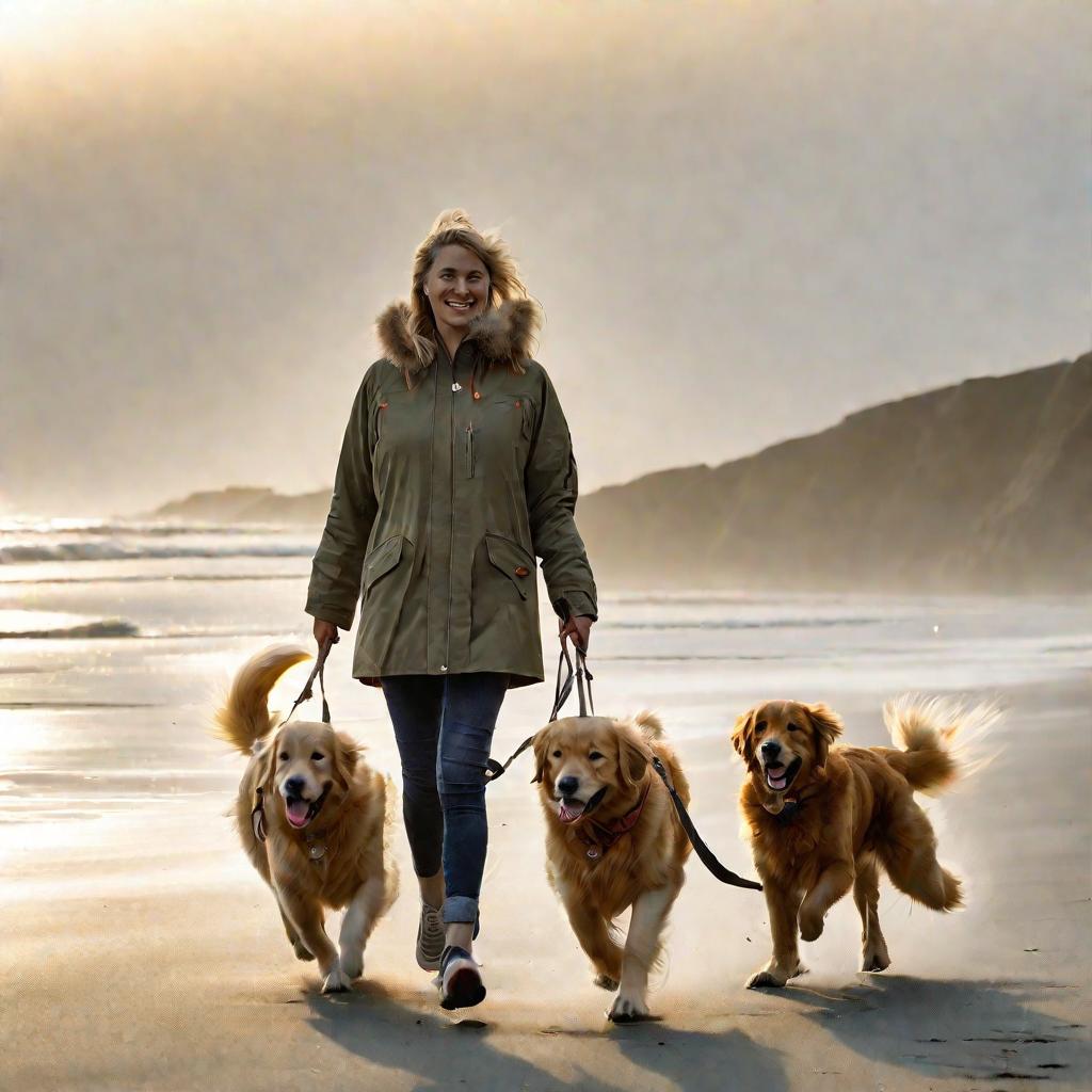 Женщина в парке гуляет с собаками на пляже