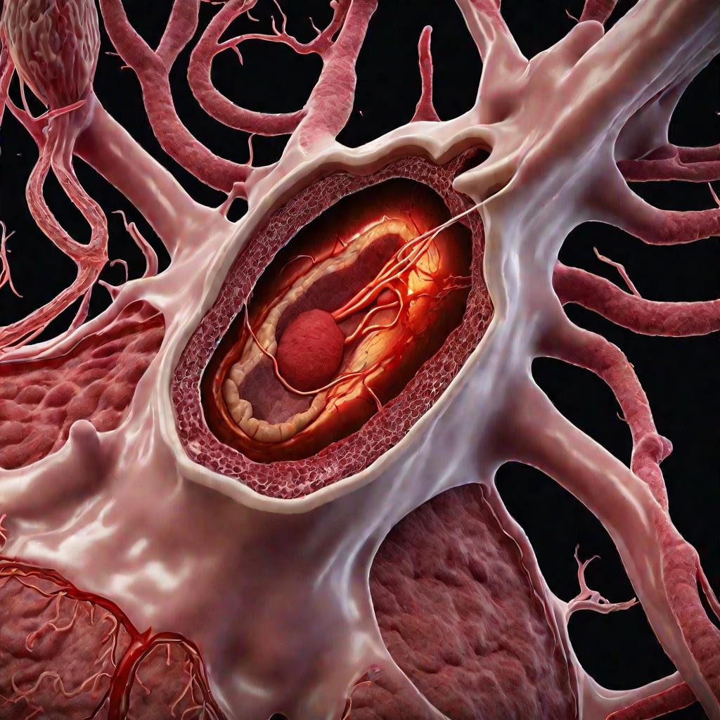 Крупный план артерии со скоплением атеросклеротической бляшки на сосудистой стенке, блокирующей кровоток. Детализированная анатомия драматически освещена на черном фоне, медицинская концепция.