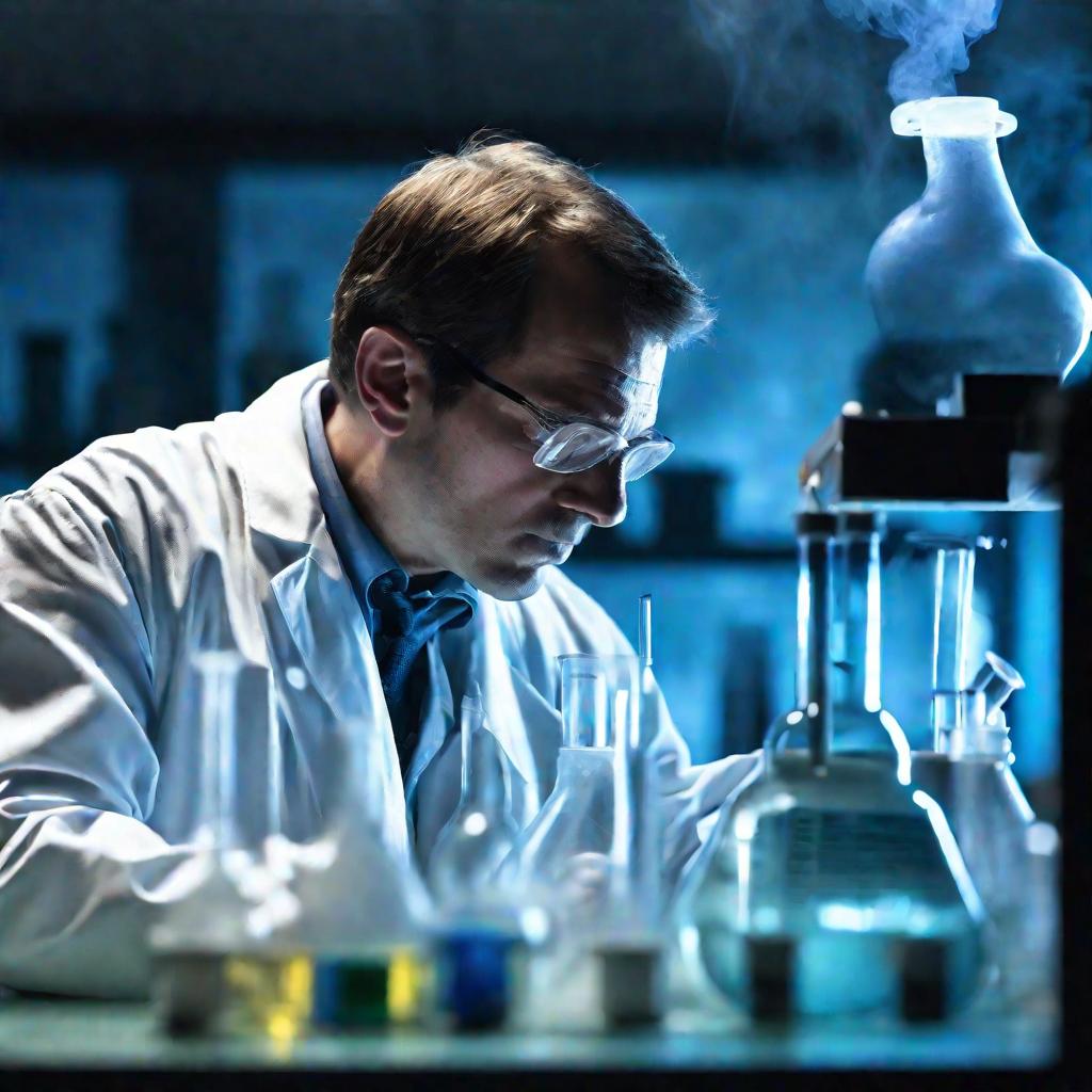 Ученый в лаборатории с порошком хлората калия