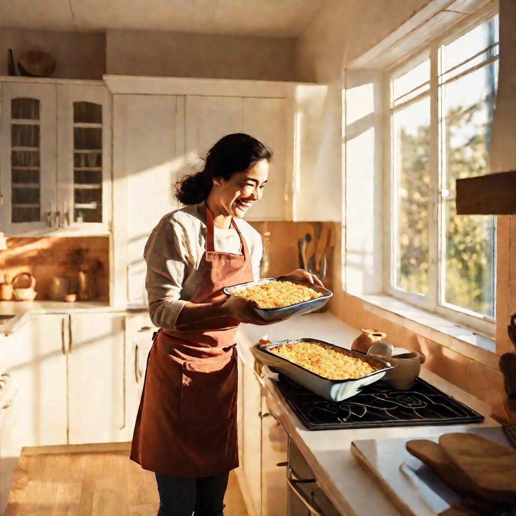 Женщина достает форму с рисовой запеканкой из духовки на кухне в теплых тонах заката