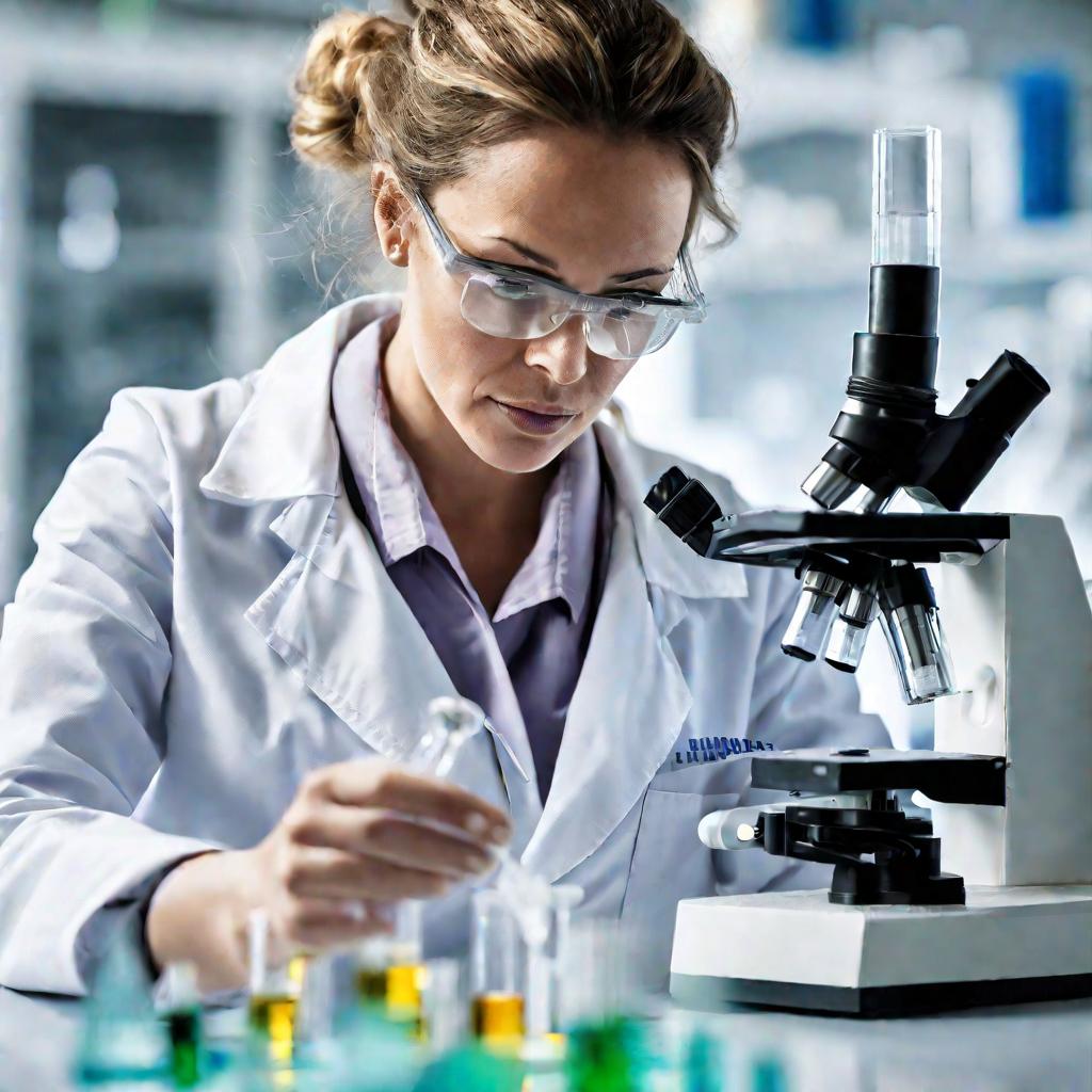 Женщина-ученый работает с раствором глутаминовой кислоты в лаборатории
