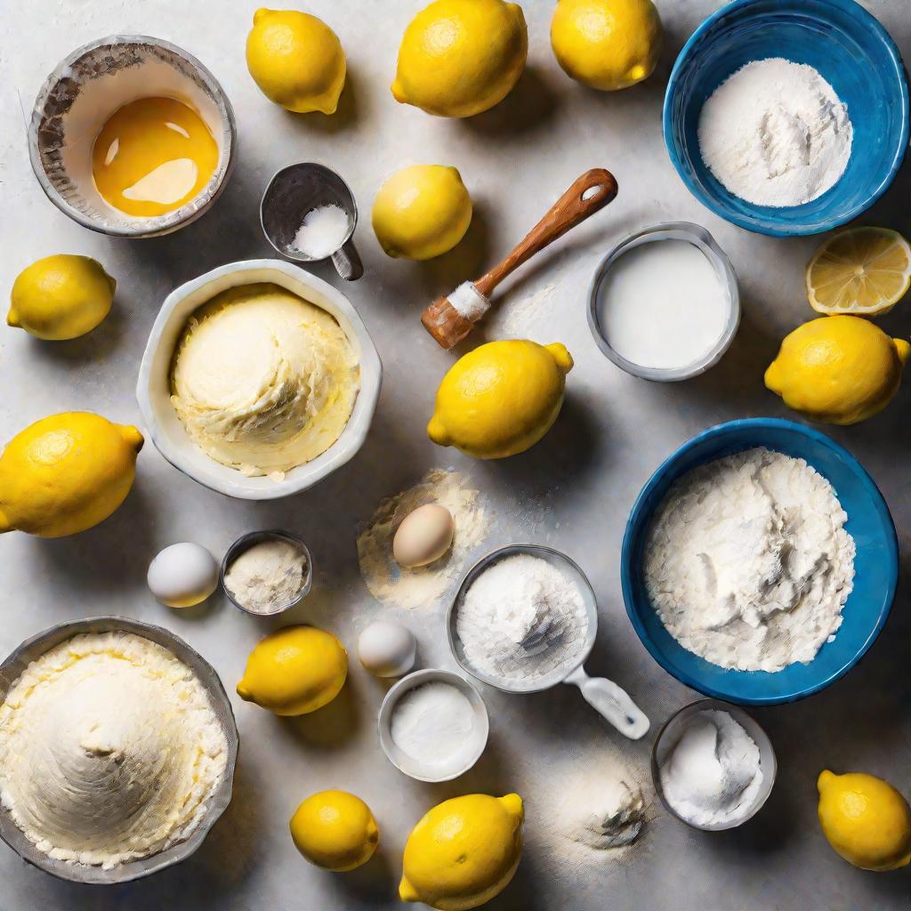 Вид сверху на различные ингредиенты для теста лимонных кексов.