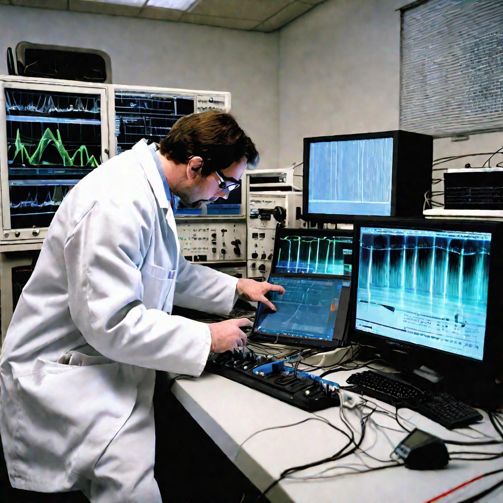 Ученый в научной лаборатории изучает на мониторах осциллограммы ультразвуковых колебаний, излучаемых в стеклянную емкость с водой.