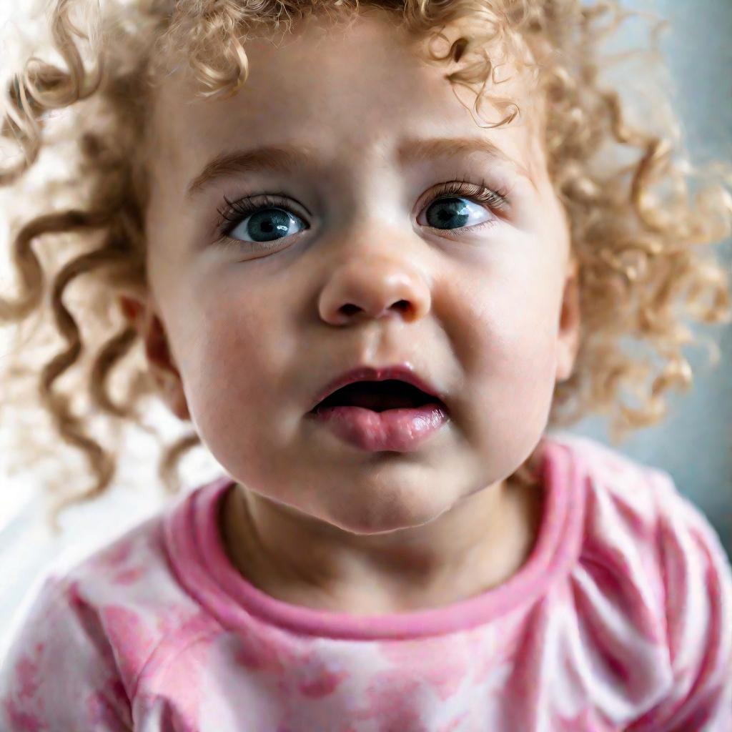 Портрет девочки-малышки, выполняющей артикуляционное упражнение надувания щек со вставленным внутрь языком.