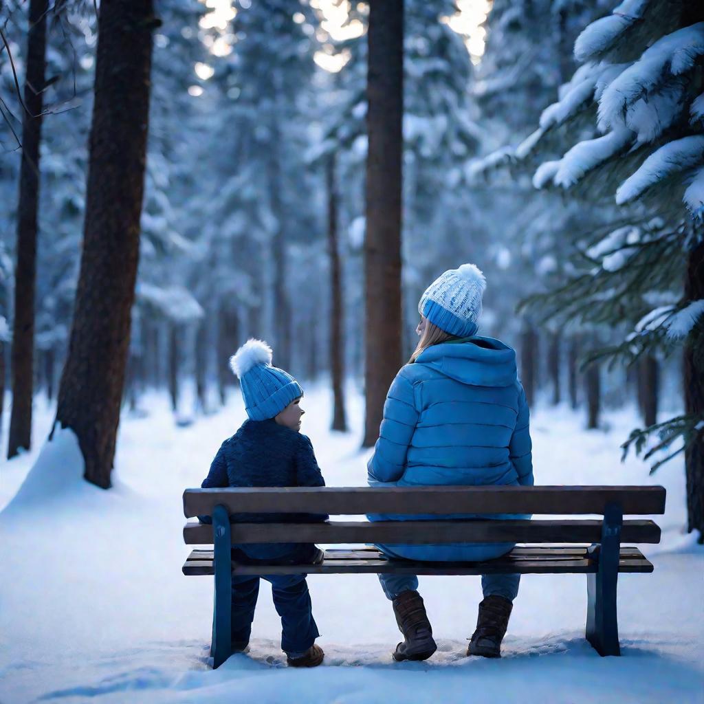 Мама и сын на скамейке в снежном лесу. Мальчик выполняет артикуляционное упражнение - широко открывает рот и высовывает язык.