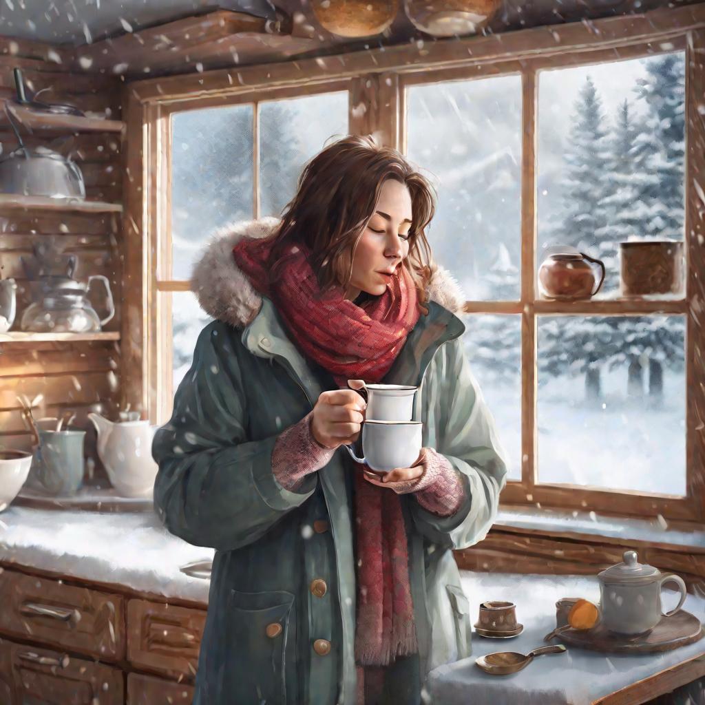 Женщина пьет чай с эхинацеей на кухне зимним утром
