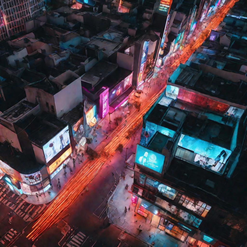 Вид сверху на ночную городскую улицу с множеством светящихся неоновых вывесок популярных онлайн-платформ, символизирующих множество аккаунтов людей. Улица и тротуары пусты, кроме одиноко идущего человека, олицетворяющего чувство потерянности и анонимности