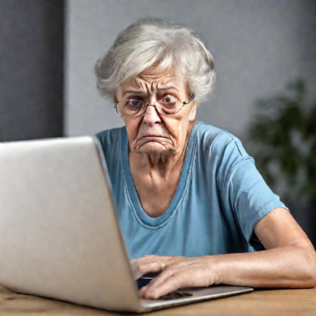 Крупный портрет пожилой женщины, смотрящей на экран ноутбука смущенно и расстроенно, потому что не может вспомнить или сбросить свои пароли, чтобы попасть обратно в аккаунты. Ее глаза прищурены, брови нахмурены, а рот хмурится, пока она борется с восстано
