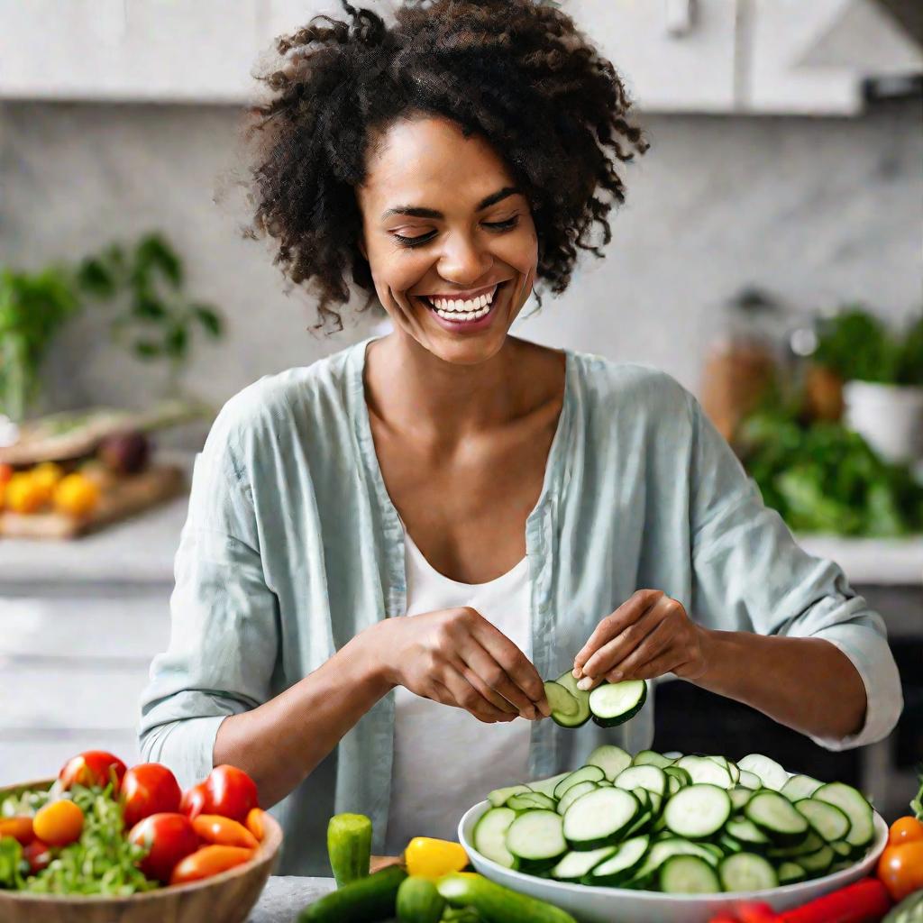 Крупный портрет улыбающегося лица женщины, пока она добавляет нарезанные огурцы в красочный салат с различными овощами и зеленью в миске. Мягкое естественное освещение создает теплую, радостную атмосферу. Фон размыт.