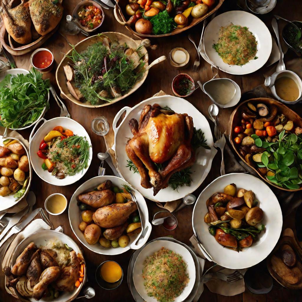Большой стол с разнообразными блюдами из куриных бедер