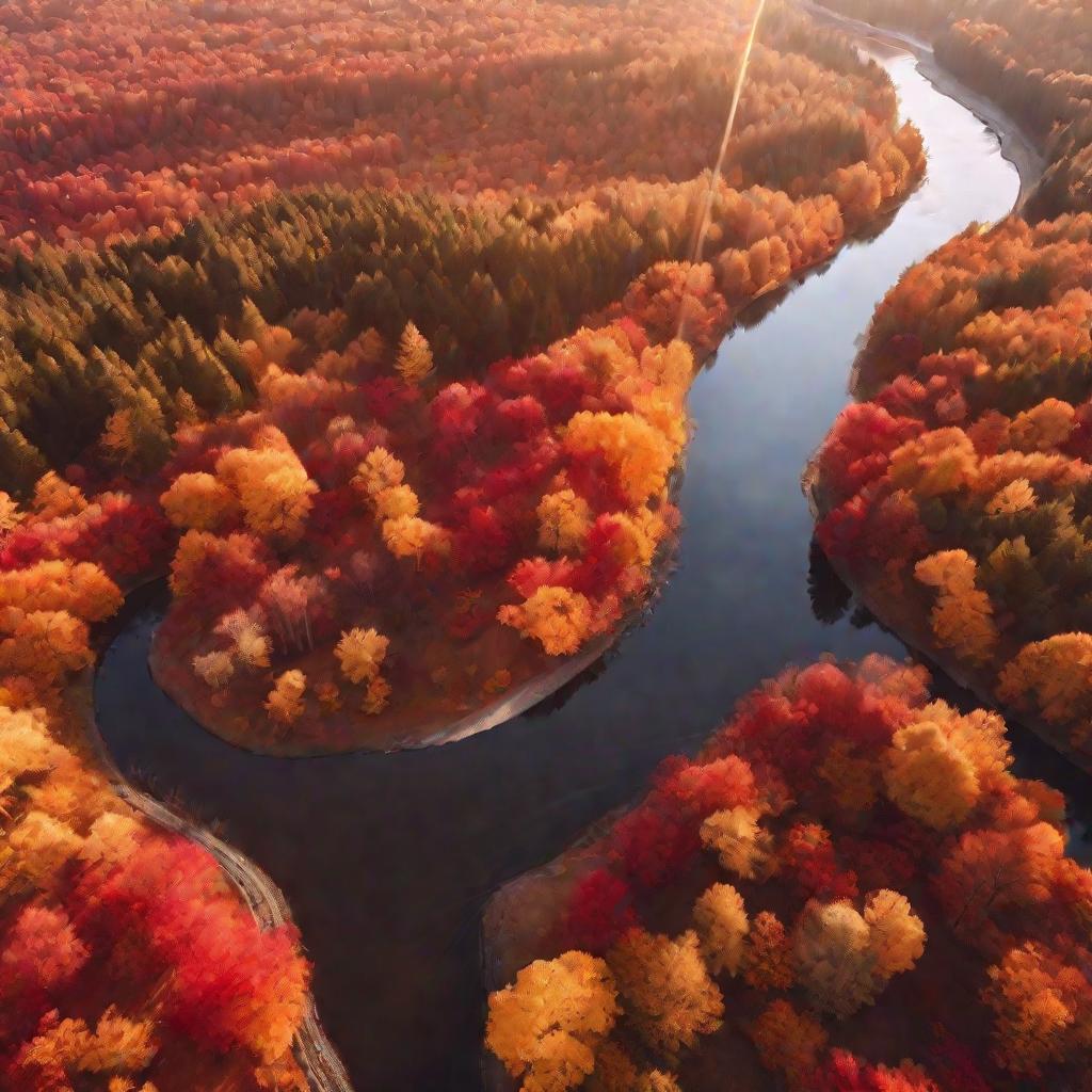 Красочный осенний лес с золотыми лучами заката.
