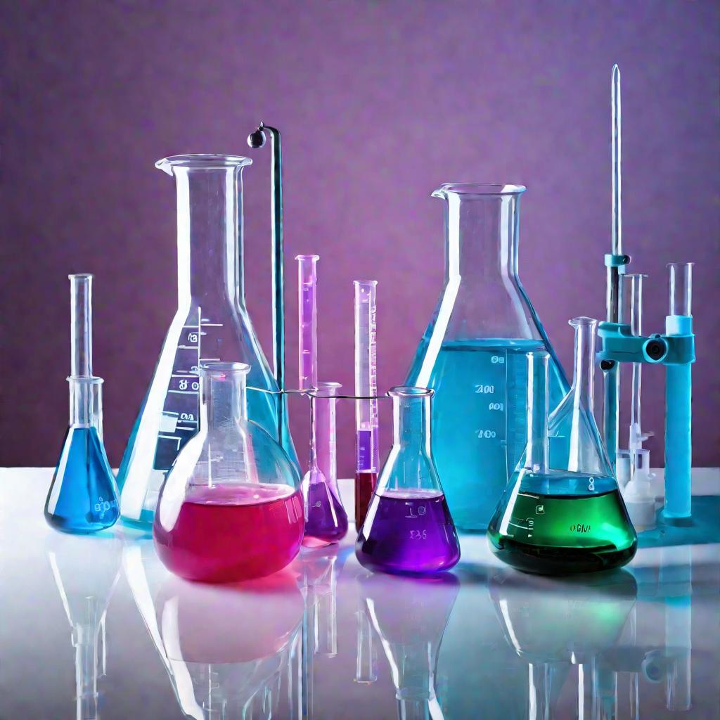 Лабораторная посуда с разноцветными светящимися жидкостями.