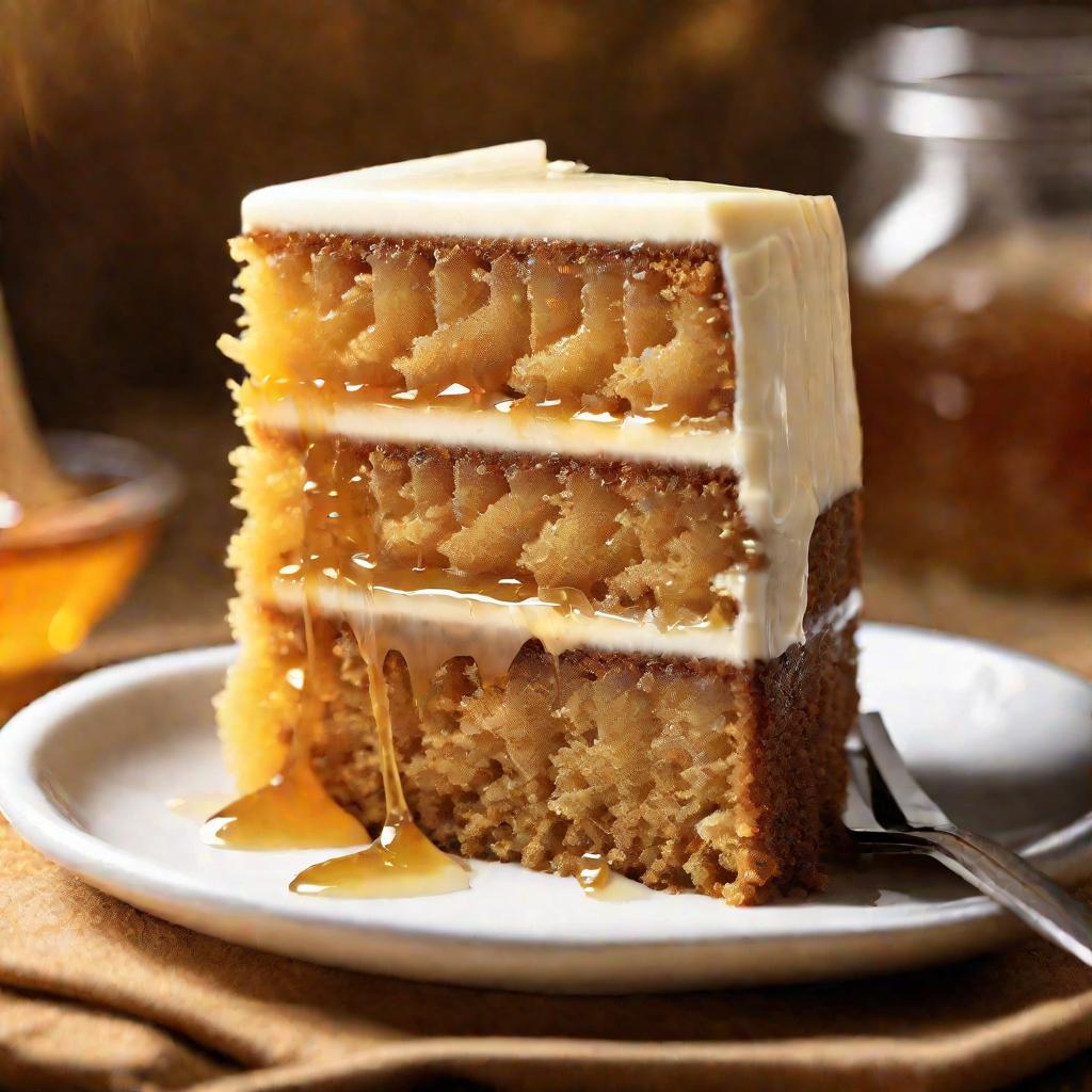 Аппетитный кусок медового торта.