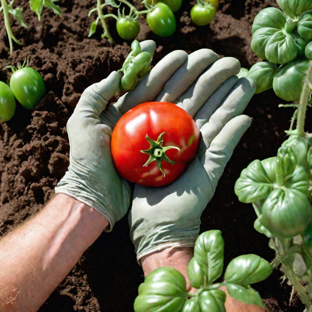 Садовник держит огромный томат бычье сердце