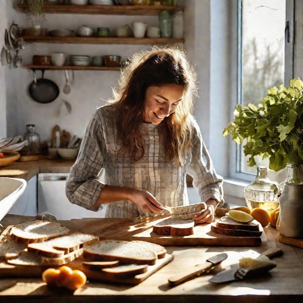 Женщина готовит бутерброды с сельдью на кухне