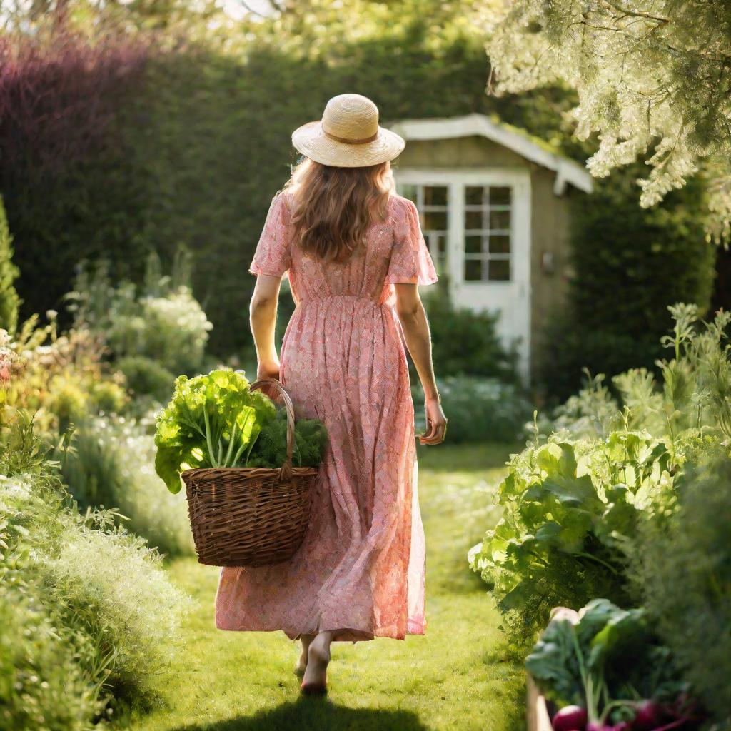 Женщина несет корзину со свежей свеклой, морковью, луком и укропом по саду весной.