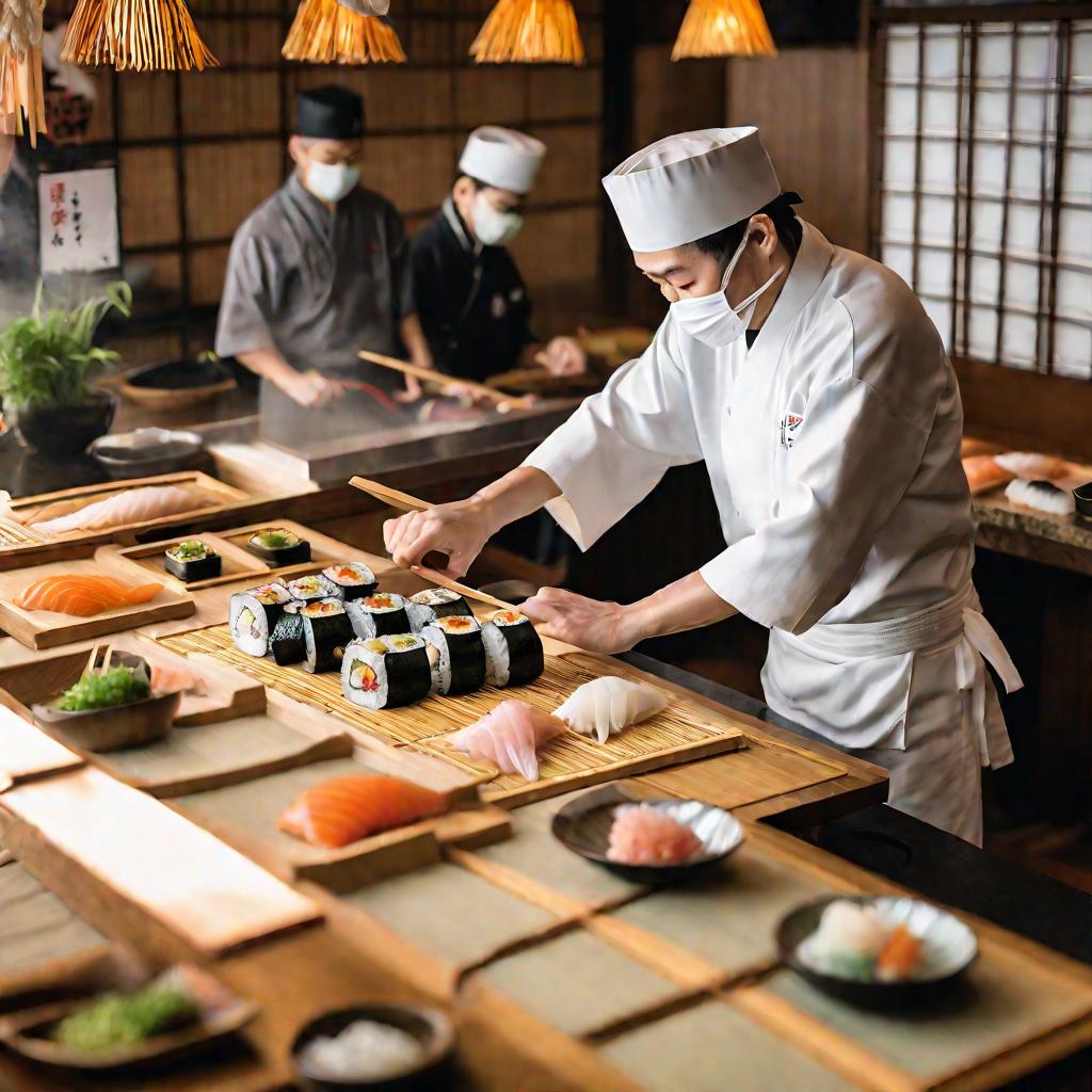 Повар-суши готовит роллы в японском ресторане