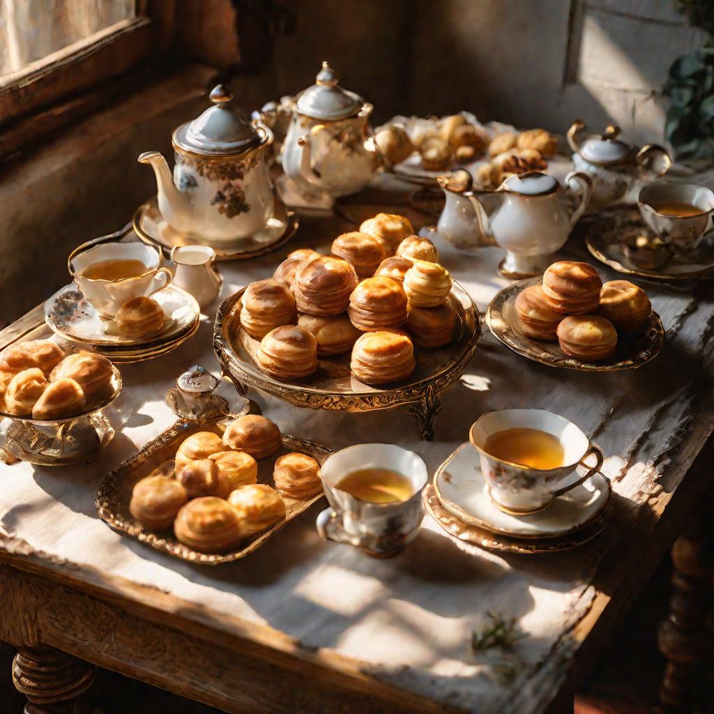 Вид сверху на деревянный стол с пирожными «Картошка», самоваром и чашками на деревенском чаепитии.