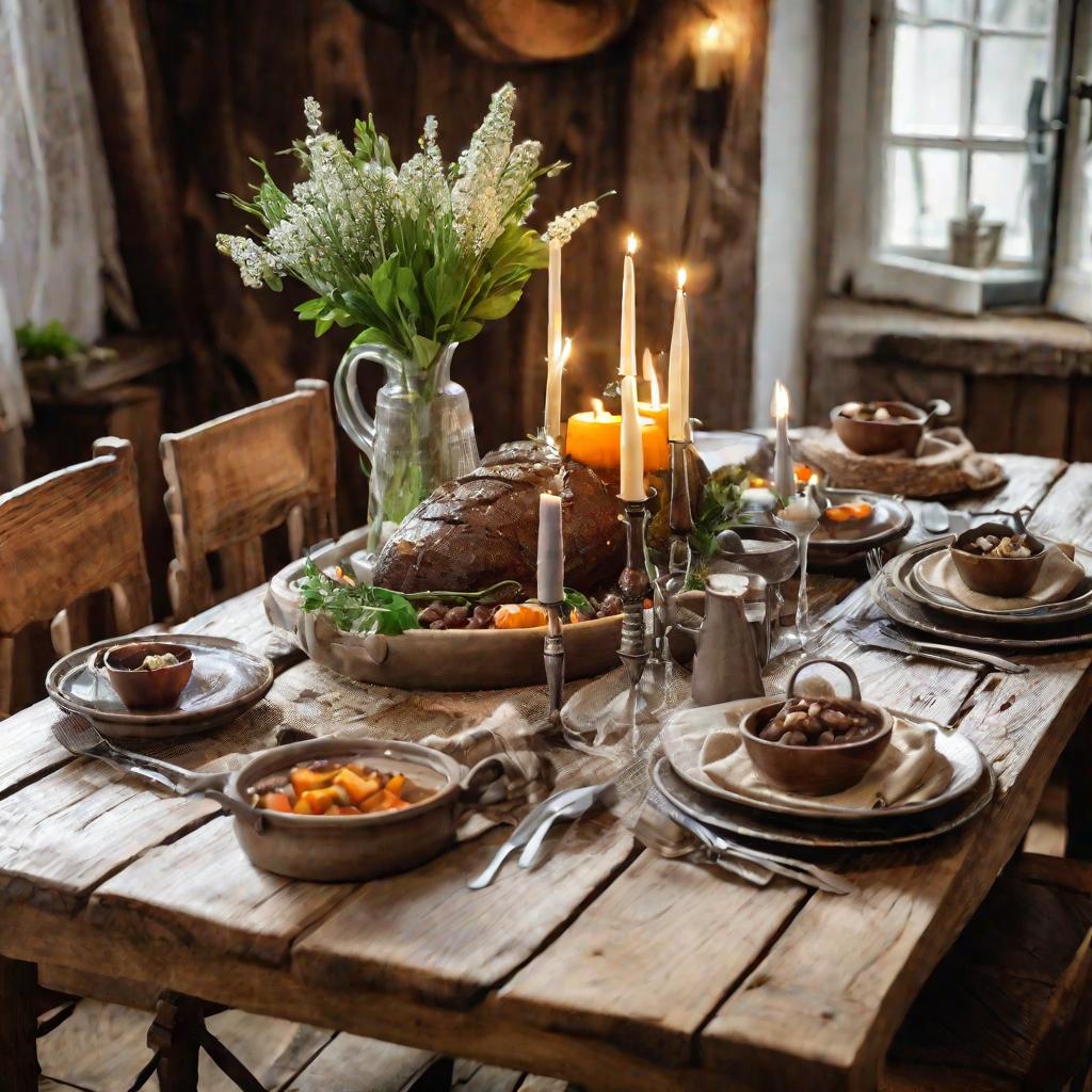 Деревянный стол, накрытый для ужина в домашнем интерьере коттеджа, украшен цветочной композицией, свечами и сервировкой тарелок с тушеной говяжьей печенью, рисом и хлебом