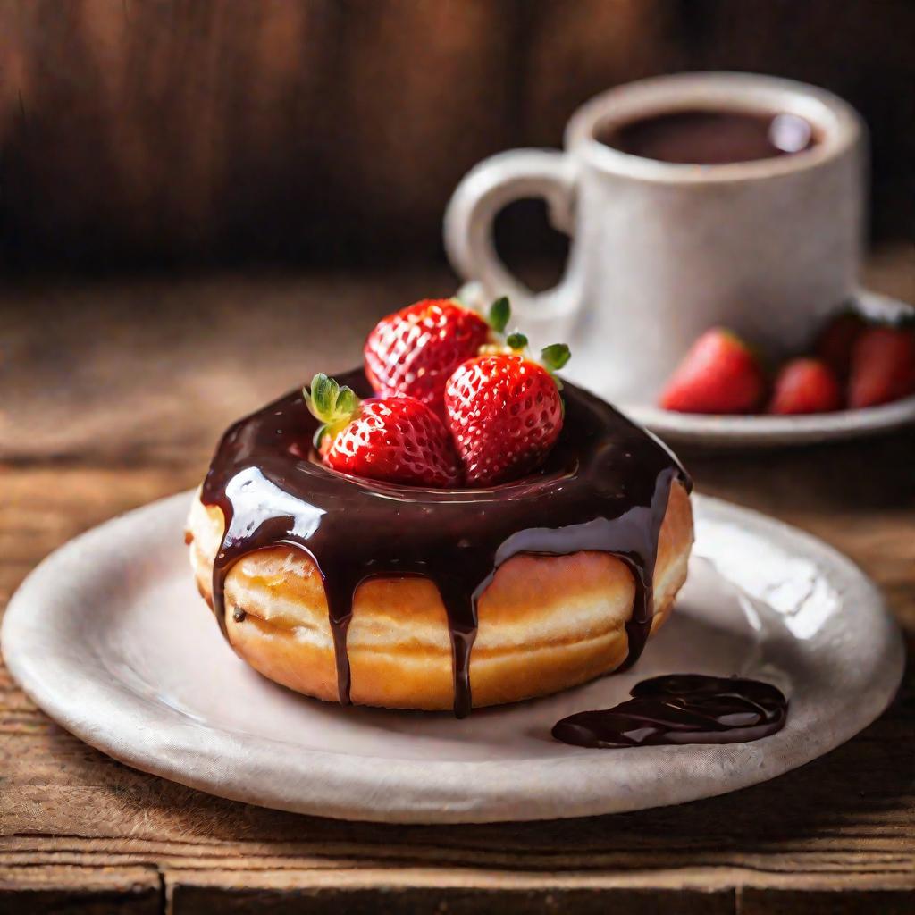 Близкий кадр пончика с клубничным джемом в шоколадной глазури на деревянном фоне в винтажном кафе