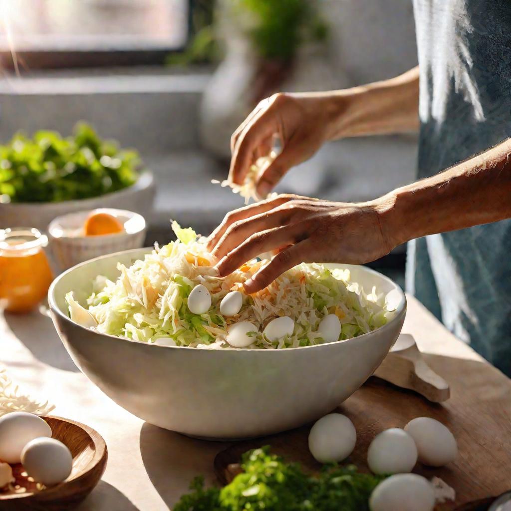 Крупный план рук, перемешивающих салат из тонко нашинкованной белокочанной капусты, курицы и нарезанных вареных яиц в большой миске